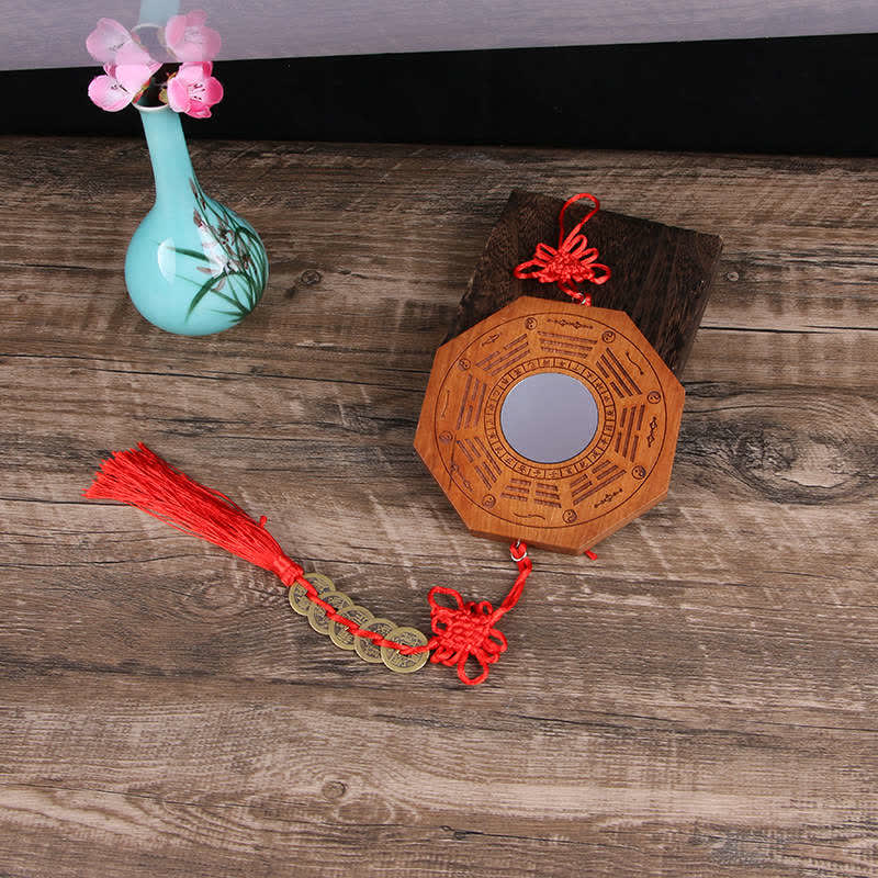 Feng Shui Bagua Mapa Peach Wood Monety Pięciu Cesarzy Chińskie Węzły Równowaga Mapa Energii Lustro - 20*2cm - Lustro wklęsłe - Mapa Bagua i monety pięciu cesarzy - image 3