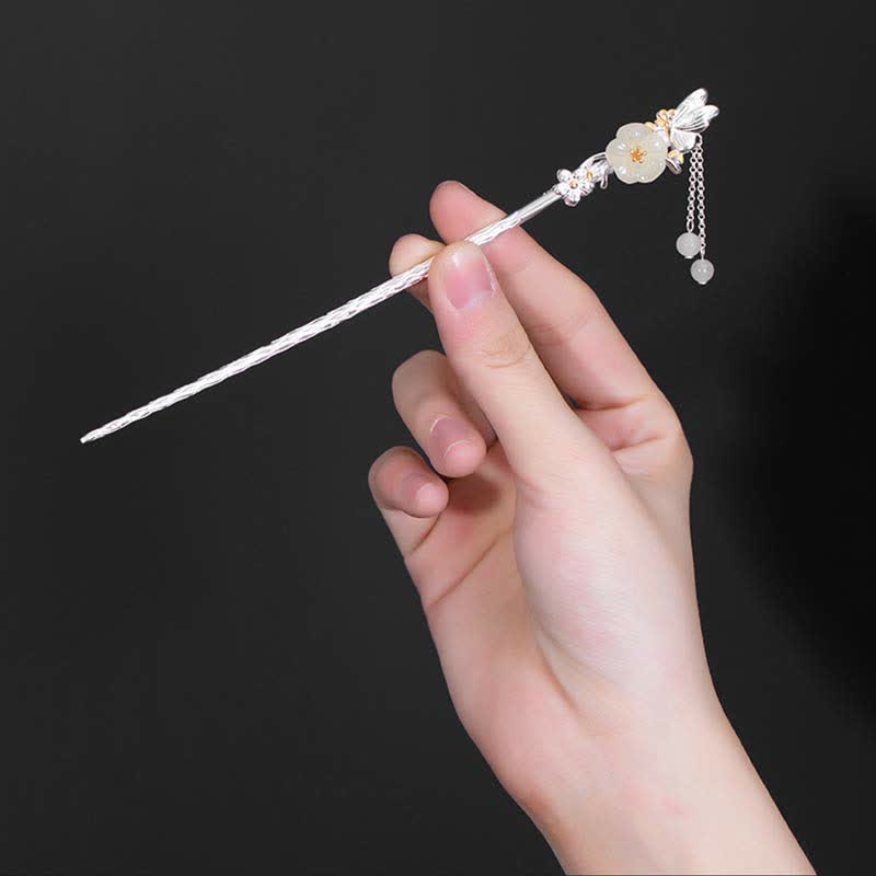 Spinka do włosów z kwiatem błogosławieństwa wykonana ze srebra próby 925 Hetian White Jade - image 2