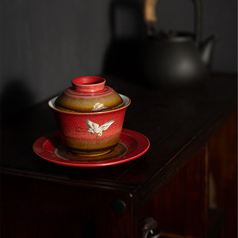 Buddha Stones Czerwony Pomyślny Żuraw Ceramiczny Gaiwan Sancai Filiżanka Kung Fu Filiżanka I Spodek Z Pokrywką