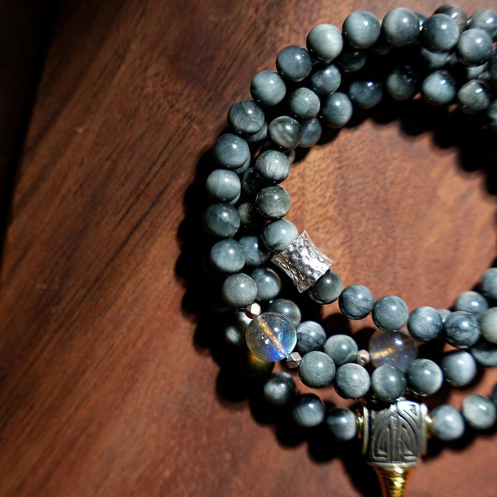 Buddha Stones 925 Srebro Sterling 108 Koraliki Mala Kamień Orle Oko Kamień Księżycowy Pozytywna Bransoletka