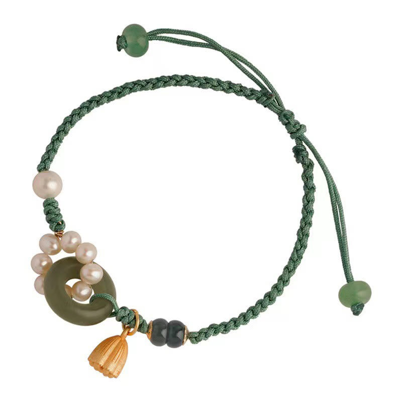 Buddha Stones Naturalny Jadeit Hetian Klamra Pokoju Perła Szczęścia Ręcznie Robiona Bransoletka Pleciona