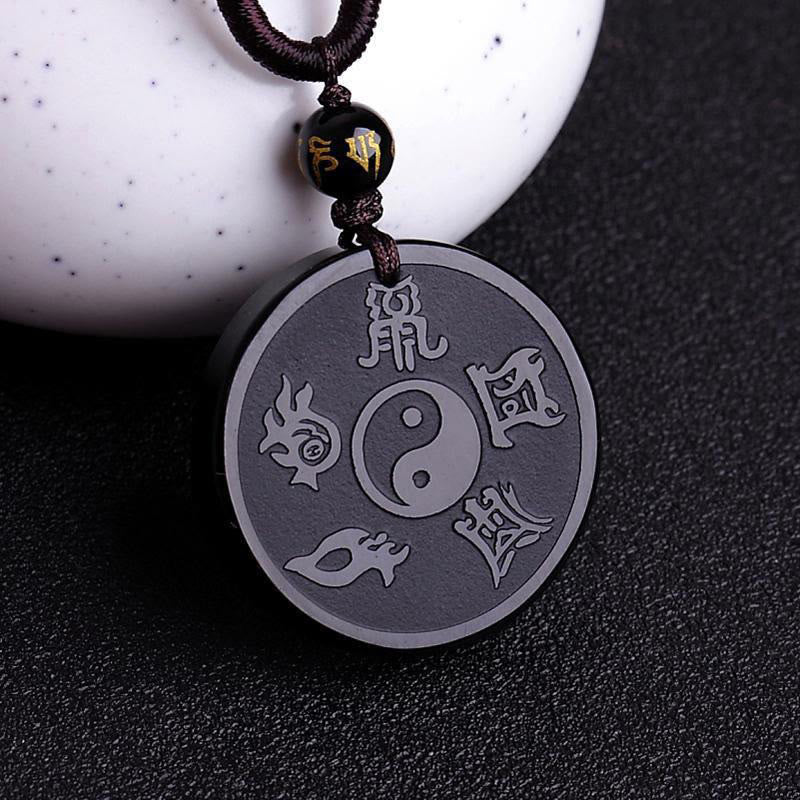 Buddha Stones Naturalny Czarny Obsydian Taoizm Pięć Świętych Gór Dziewięcioznakowa Mantra Rzeźbiona Siła Yin Yang Naszyjnik Wisiorek Brelok - Czarny obsydian i sznurek - image 1