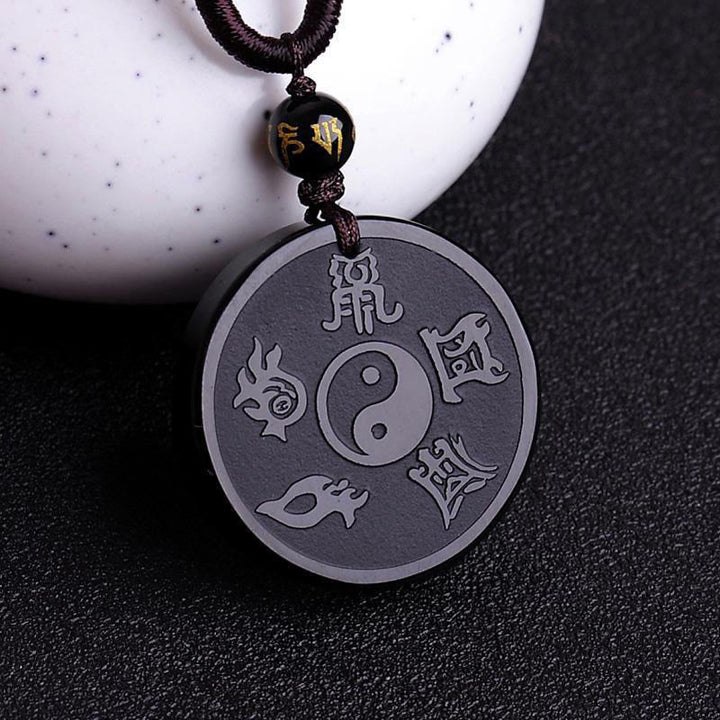 Buddha Stones Naturalny Czarny Obsydian Taoizm Pięć Świętych Gór Dziewięcioznakowa Mantra Rzeźbiona Siła Yin Yang Naszyjnik Wisiorek Brelok - Czarny obsydian i sznurek - image 1