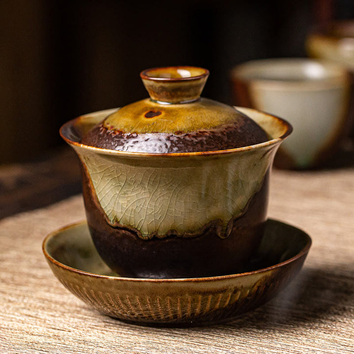 Buddha Stones Vintage Brązowy Piec Zmiana Projektu Porcelana Ceramiczna Gaiwan Sancai Filiżanka Kung Fu Filiżanka I Spodek Z Pokrywką