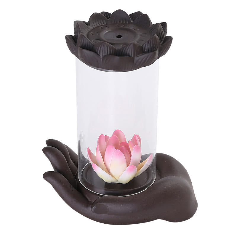 Buddha Stones Ręka Buddy Lotos Oświecenie Światło LED Fioletowa Glina Ceramiczna Kadzielnica Dekoracja