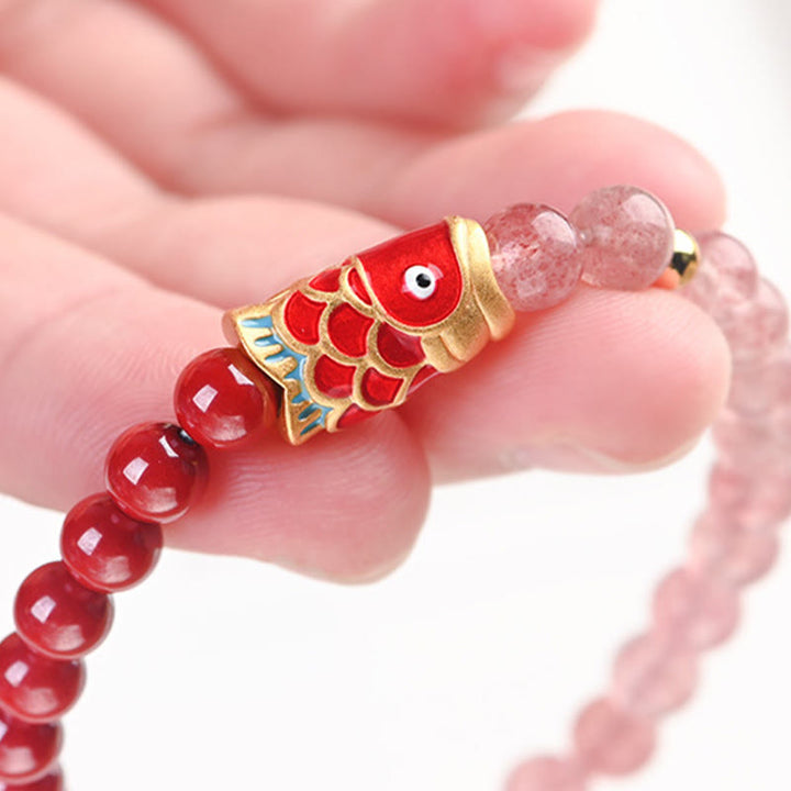 Buddha Stones Naturalny Kwarc Truskawkowy Cynober Lucky Koi Fish Healing Bransoletka