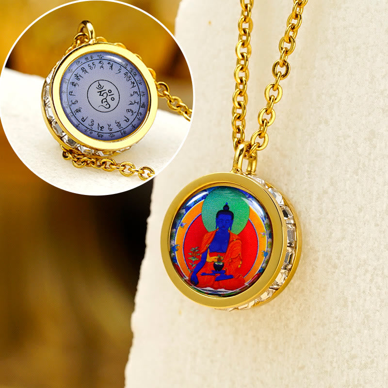 Buddha Stones Tybetański Żółty Bóg Bogactwa Zielona Tara Budda Spokój Naszyjnik Wisiorek Ze Stali Tytanowej - Mantra Buddy Medycyny z przodu i z tyłu - image 19