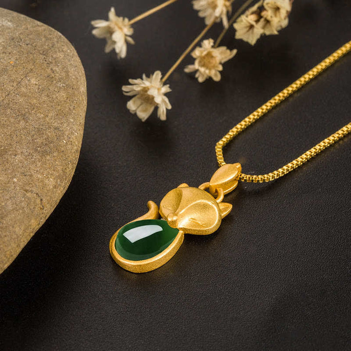 Buddha Stones Zielony Chalcedon Wzór Lisa Naszyjnik Wisiorek Odwaga