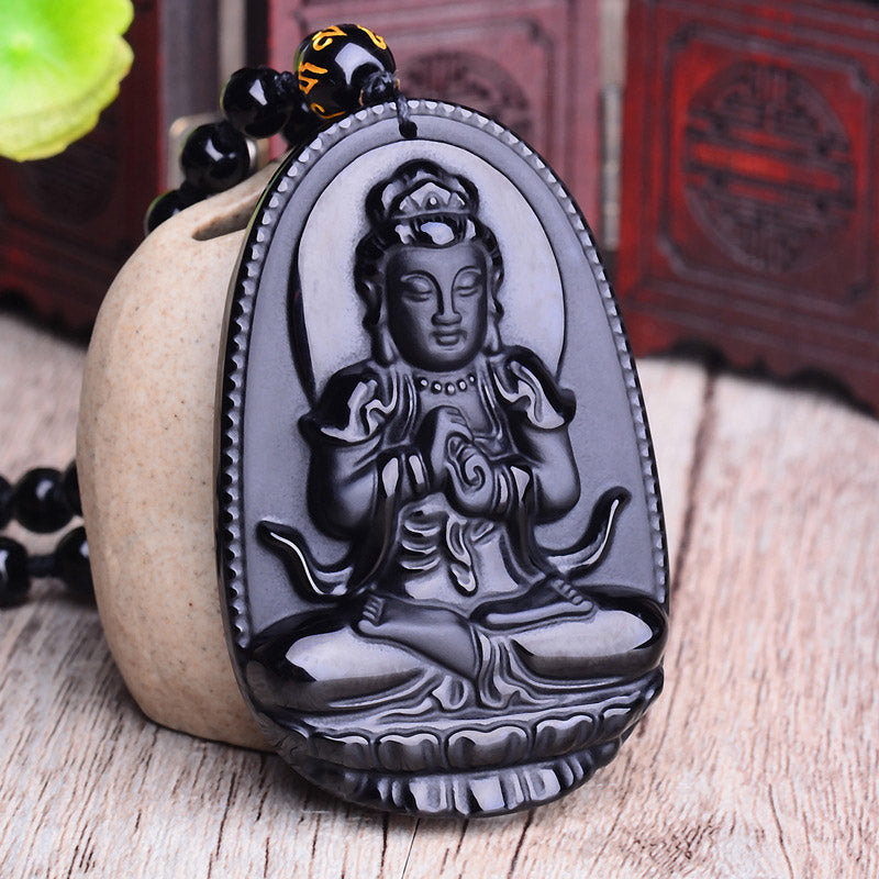 Buddha Stones Chiński Zodiak Obsydian Budda Amulet Ochrona Wisiorek Naszyjnik - image 6