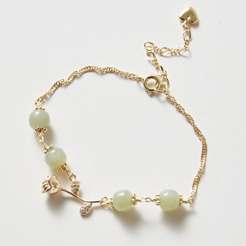 Bransoletka z łańcuszkiem szczęścia z Buddha Stones 14K pozłacana jadeitem hetian i złotą różą
