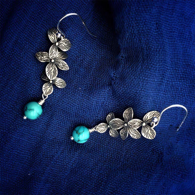 Kolczyki Buddha Stones 925 Srebro Sterling Turkus Lazuryt Kwiat Liść Ochrona Serenity Hook Drop Dangle