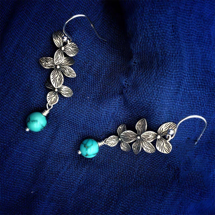Kolczyki Buddha Stones 925 Srebro Sterling Turkus Lazuryt Kwiat Liść Ochrona Serenity Hook Drop Dangle