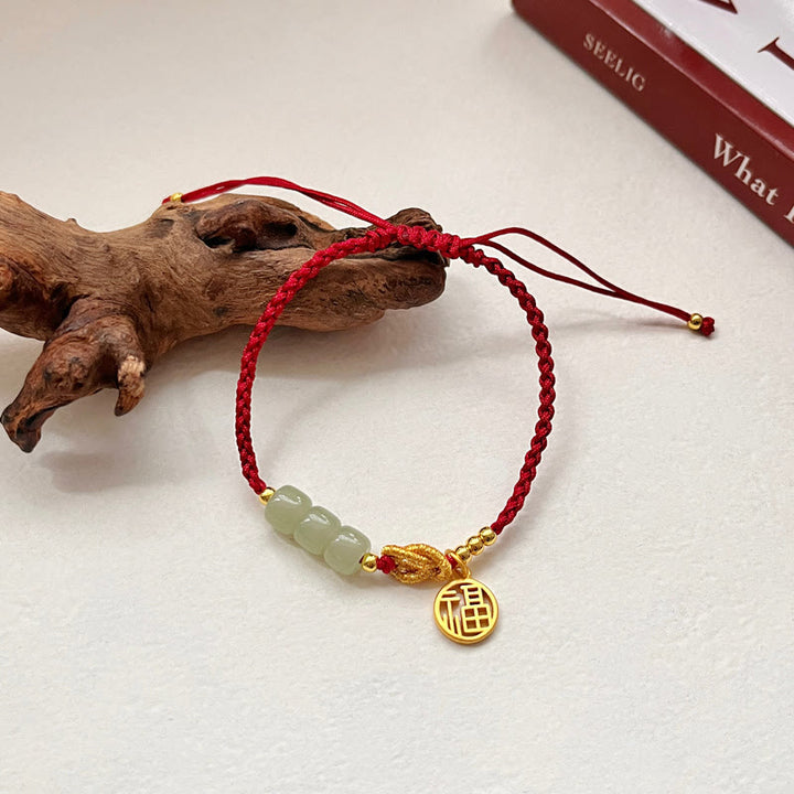 Buddha Stones ręcznie robione koraliki z jadeitu Fu Character Charm bransoletka z czerwoną liną