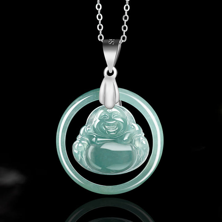 Buddha Stones 925 Srebro Sterlingowe Naturalny Jade Okrągły Śmiejący Się Budda Obfitość Naszyjnik Łańcuch Wisiorek