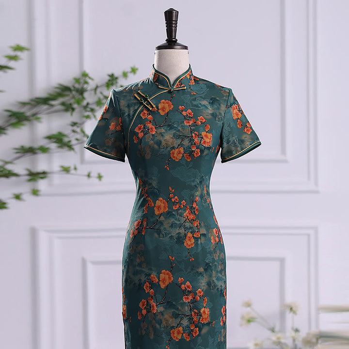 Buddha Stones Retro Kwiat Lotos Piwonia Pióro Druk Qipao Sukienka Damska Cheongsam Sukienka - image 3