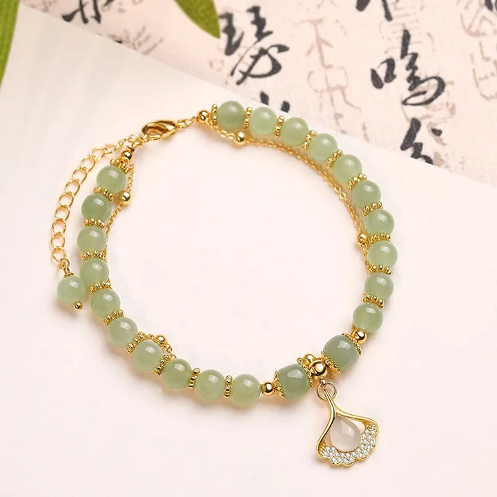 Buddha Stones Jade Liść Miłorząb Tulipan Orzeszek Fu Charakter Szczęścia Bransoletka Koralikowa