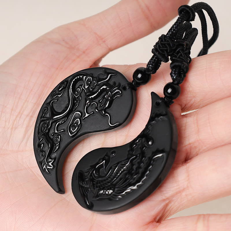 Buddha Stones Czarny Obsydian Yin Yang Smok Feniks Szczęście Naszyjnik Wisiorek - image 4