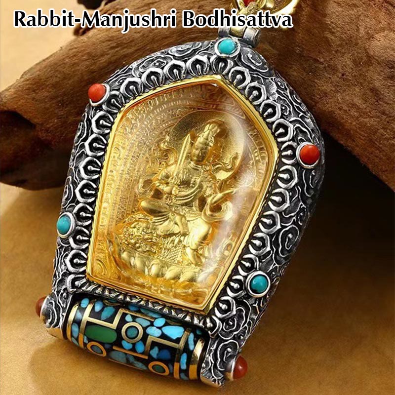 Tybetański chiński zodiak natalny budda thangka dobrobyt obrotowy naszyjnik z koralików dzi wisior - Królik-Mandziuśri Bodhisattwa - image 6