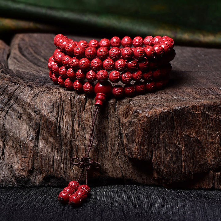 Buddha Stones 108 Mala Koraliki Cynober Om Mani Padme Hum Wzór Grawerowana Bransoletka Błogosławieństwa