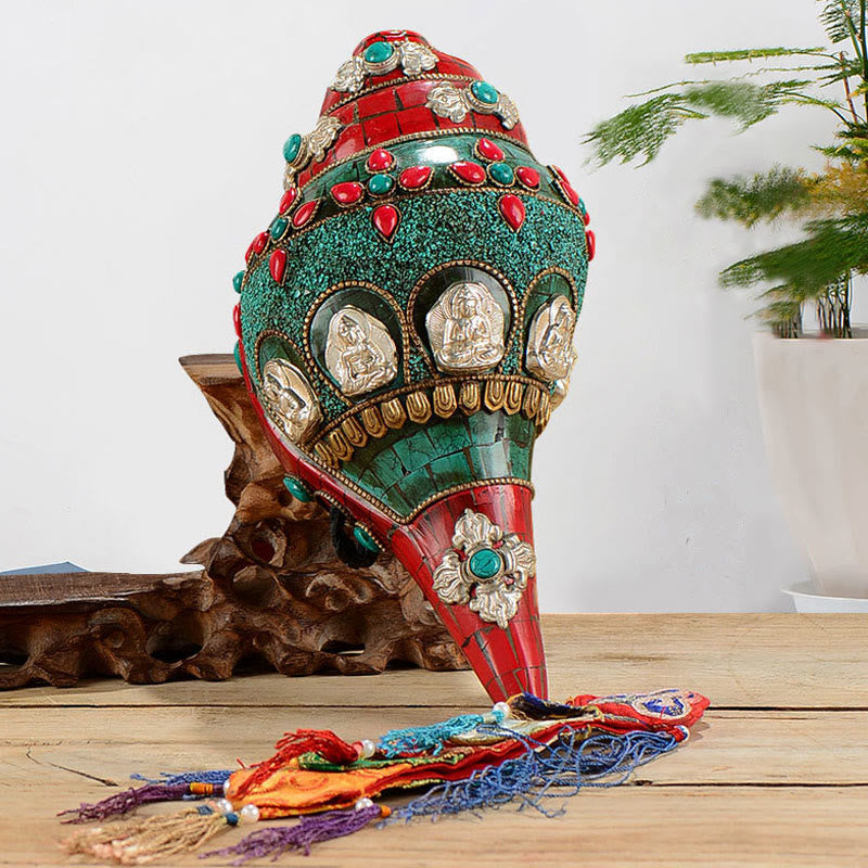 Tybetańska, ręcznie robiona Shankha Om Mani Padme Hum Budda Avalokitesvara turkusowa muszla pozytywna dekoracja - image 0