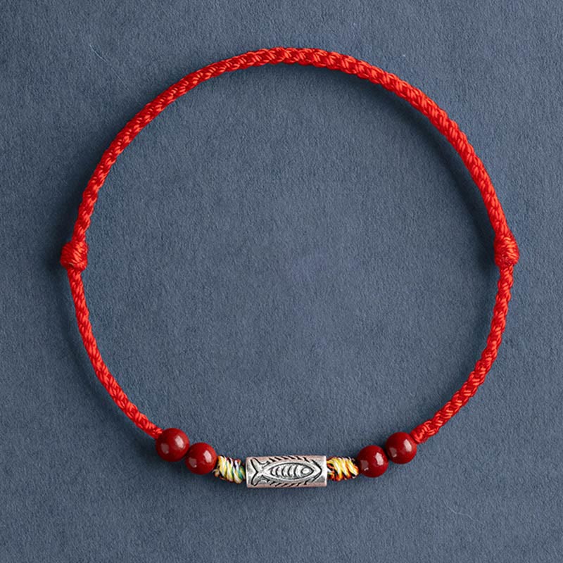 Buddha Stones 925 Srebro Sterling Ryba Koi Koralik Cynober Bogactwo Ręcznie Robiona Bransoletka Pleciona Bransoletka na Nogę