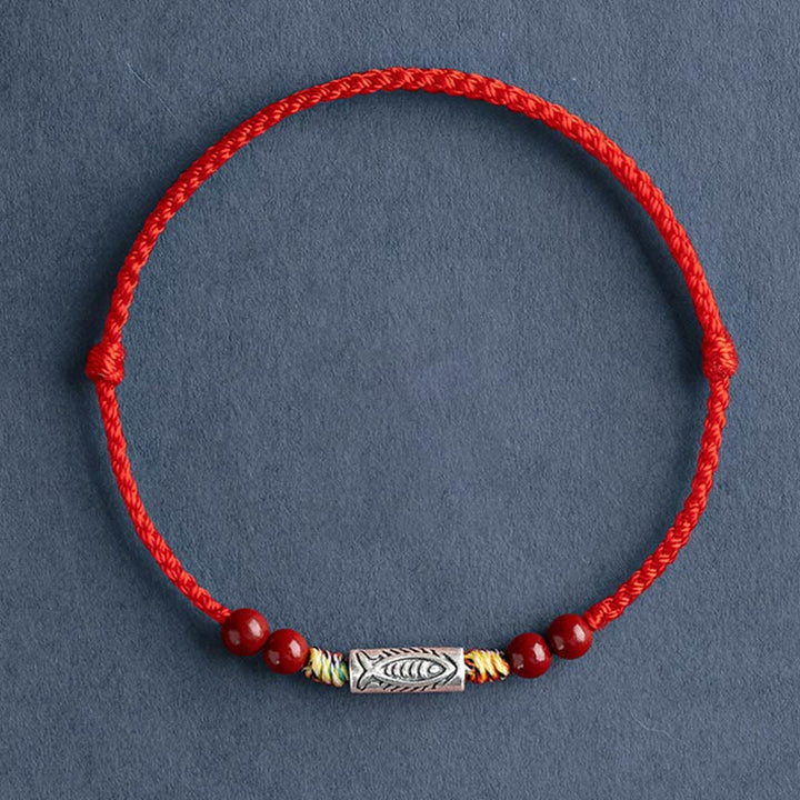 Buddha Stones 925 Srebro Sterling Ryba Koi Koralik Cynober Bogactwo Ręcznie Robiona Bransoletka Pleciona Bransoletka na Nogę