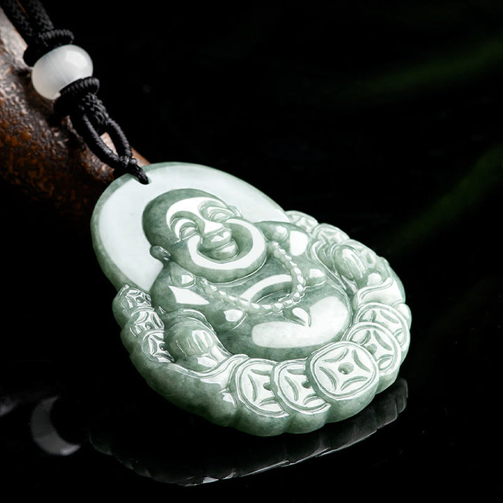 Buddha Stones Śmiejący się Budda Naturalny Jade Miedziana Moneta Obfitość Naszyjnik Wisiorek - image 4