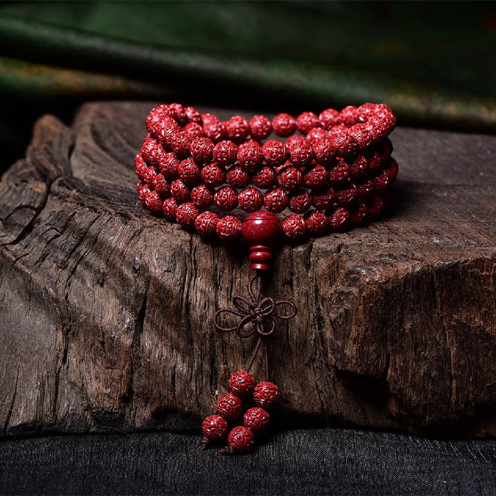 Buddha Stones 108 Mala Koraliki Cynober Om Mani Padme Hum Wzór Grawerowana Bransoletka Błogosławieństwa