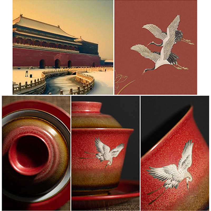 Buddha Stones Czerwony Pomyślny Żuraw Ceramiczny Gaiwan Sancai Filiżanka Kung Fu Filiżanka I Spodek Z Pokrywką