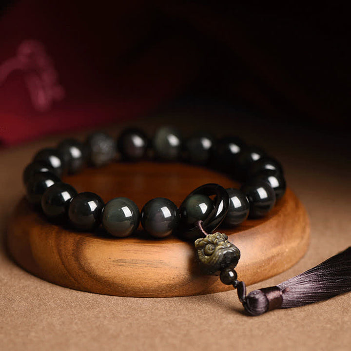 Buddha Stones Naturalny Czarny Obsydian Lew Nadgarstek Mala Ochrona Frędzle Kieszonkowa Mala Dekoracja Samochodu
