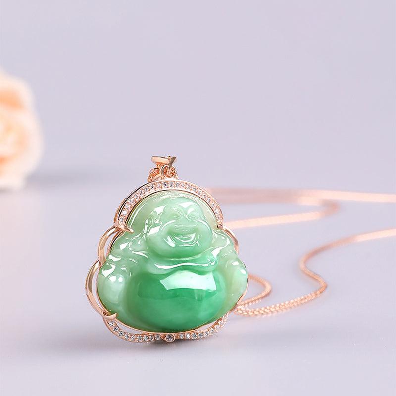 925 Srebrny naszyjnik z naturalnym jadeitem i śmiejącym się Buddą, łańcuszek z wisiorkiem - Peachpuff - image 1