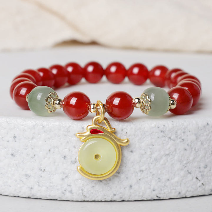 Buddha Stones Rok Smoka Czerwony Agat Jadeit Klamra Pokoju Fu Charakter Bransoletka Sukcesu