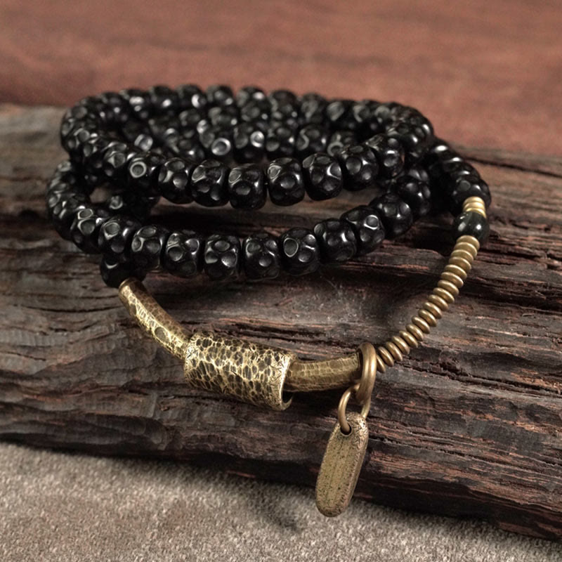 Bransoletka z potrójnym owinięciem "Buddha Stones Retro Coconut Shell Brass Copper Happiness" - image 2