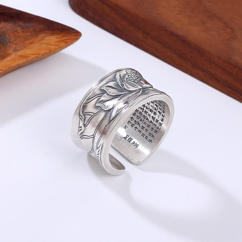 Pierścionek ochronny Buddha Stones 999 Sterling Silver Lotus Flower Heart Sutra