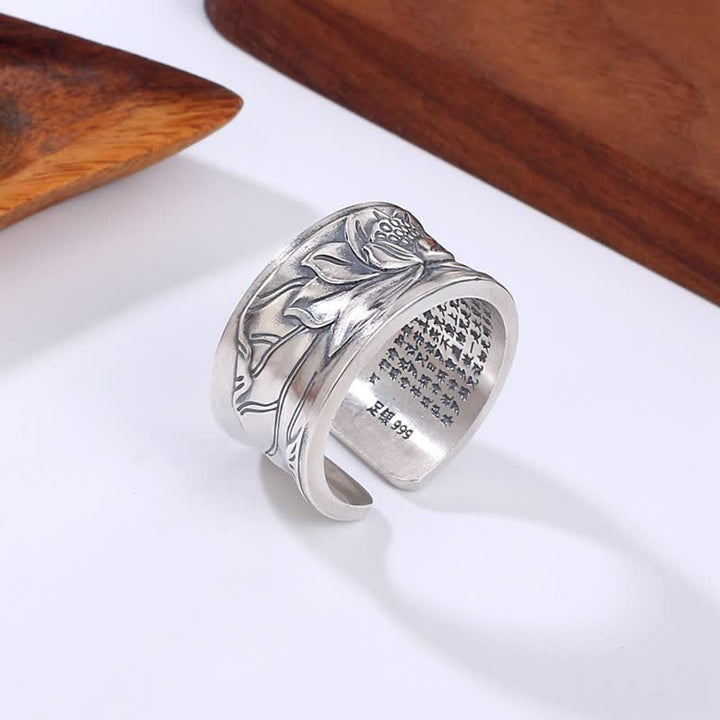 Pierścionek ochronny Buddha Stones 999 Sterling Silver Lotus Flower Heart Sutra