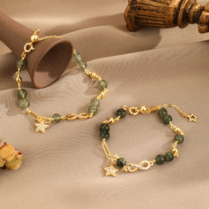 Buddha Stones 14K Złoto Zielony Rutilated Quartz Möbius Loop Bransoletka Ochronna Wiecznej Miłości Gwiazdy