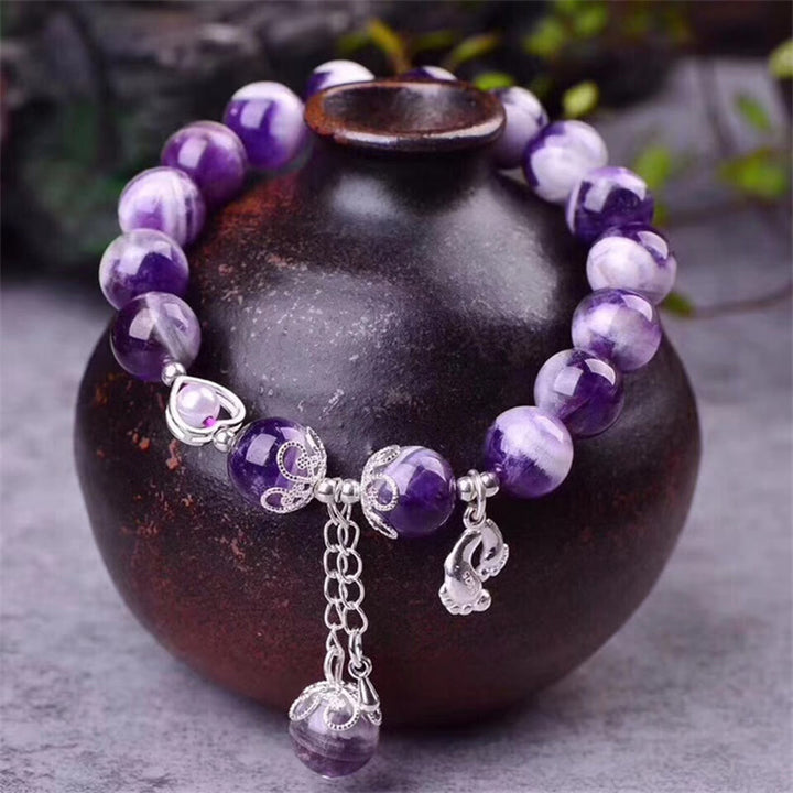 Buddha Stones 925 Srebro Sterling Naturalny Ametyst Uzdrawiająca Stopa Miłość Serce Bransoletka