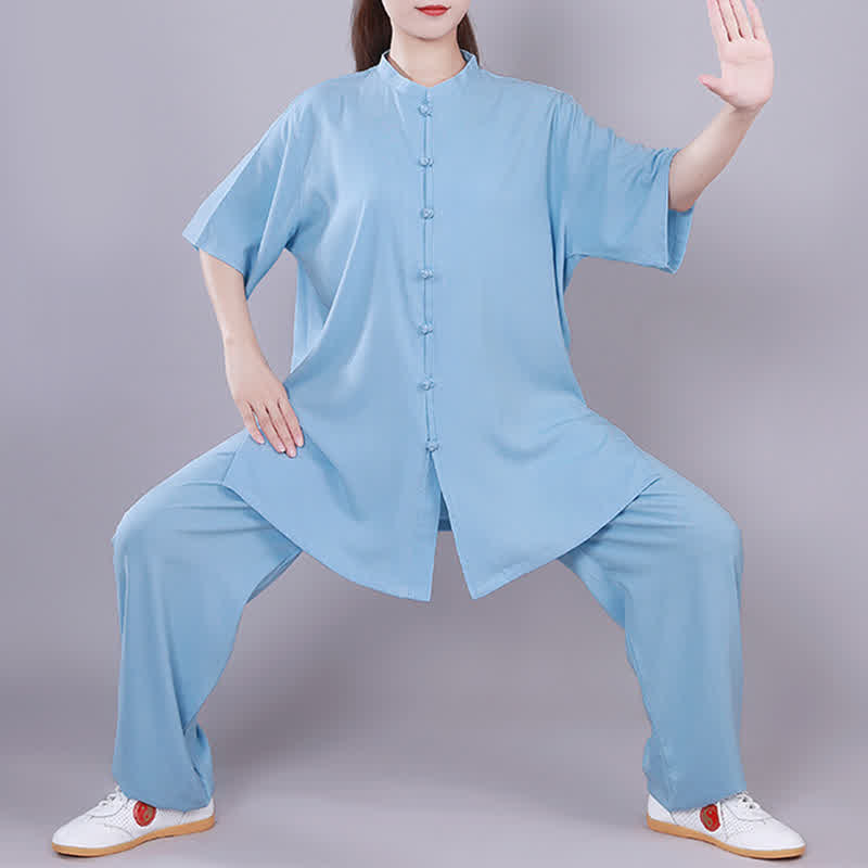 Buddha Stones Tai Chi Qigong Medytacja Modlitwa Duchowa Praktyka Zen Unisex Bawełniany Lniany Zestaw Ubrań - Niebieski - Krótki rękaw - US14, UK/AU18, EU46 (3XL)  - image 13