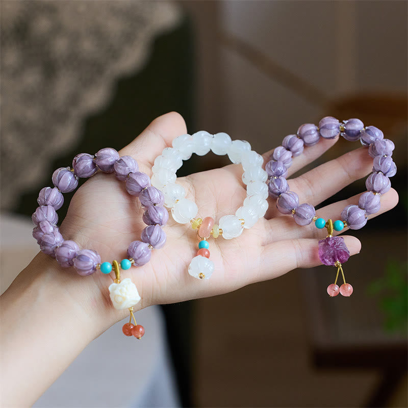 Buddha Stones Liuli Szklane Koraliki Lotos Projekt Fluoryt Kość Słoniowa Owoc Tańczący Lew Charm Bransoletka Oświecenia