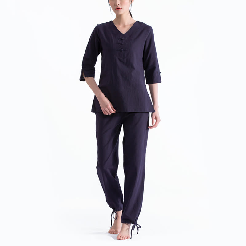 Buddha Stones Joga Medytacja Modlitwa Dekolt w serek Projekt Bawełna Len Odzież Jednolita Praktyka Zen Zestaw Damski - Ciemnoniebieski - US8-10，UK/AU12-14，EU40-42 (2XL) - image 3