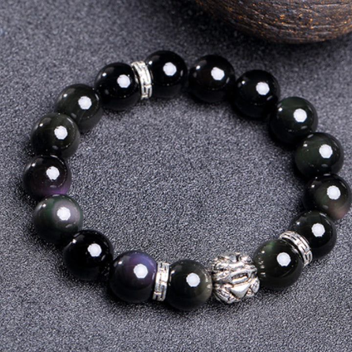 Buddha Stones Bransoletka błogosławieństwa FengShui z naturalnego tęczowego obsydianu PiXiu