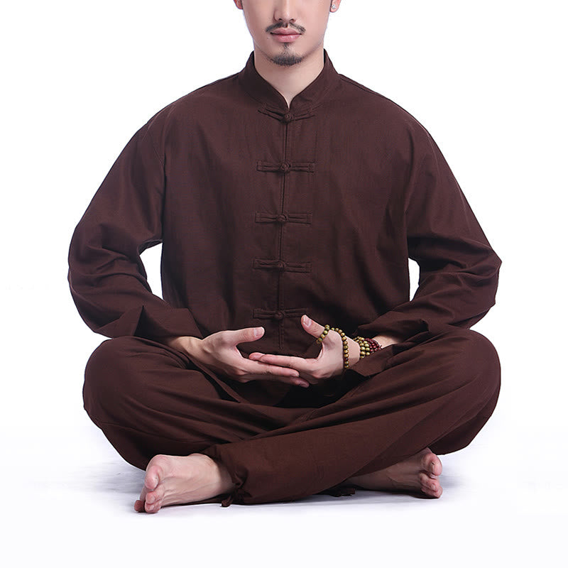 Buddha Stones Chiński Żaba Guzik Projekt Medytacja Modlitwa Bawełna Len Duchowy Zen Praktyka Joga Odzież Męski Zestaw - Brązowy (długi rękaw) - US/UK/AU44， EU54 (3XL) - image 13