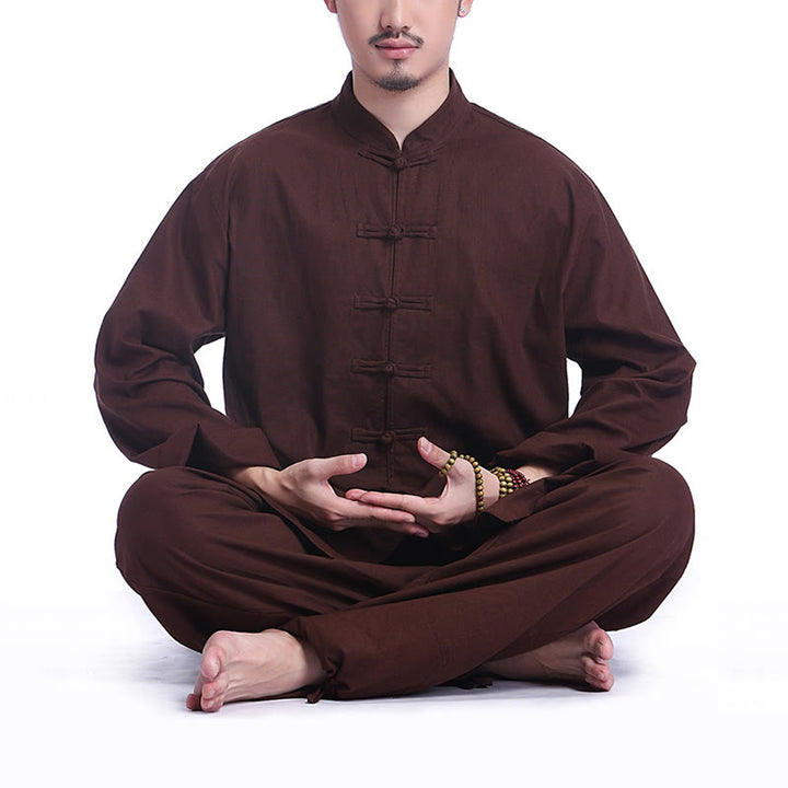 Buddha Stones Chiński Żaba Guzik Projekt Medytacja Modlitwa Bawełna Len Duchowy Zen Praktyka Joga Odzież Męski Zestaw - Brązowy (długi rękaw) - US/UK/AU44， EU54 (3XL) - image 13