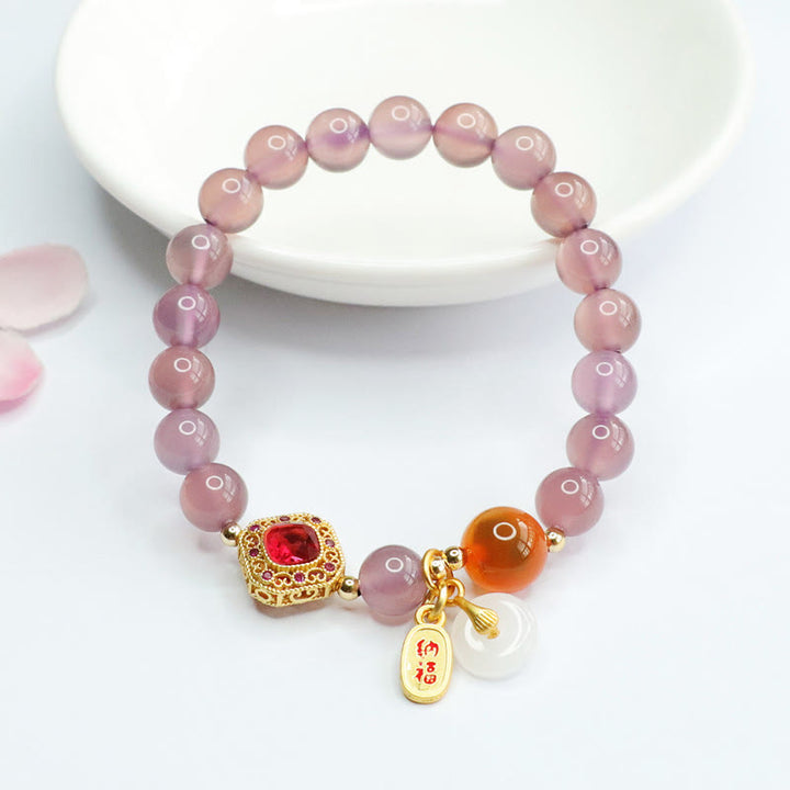 Buddha Stones Naturalny Fioletowy Chalcedon Cukierkowy Agat Klamra Pokoju Harmonia Szczęście Bransoletka z Urokiem