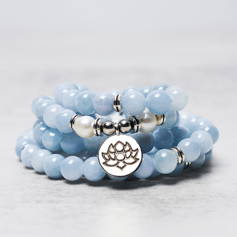 Buddha Stones 108 Mala Koraliki Akwamaryn Uzdrawiająca Bransoletka