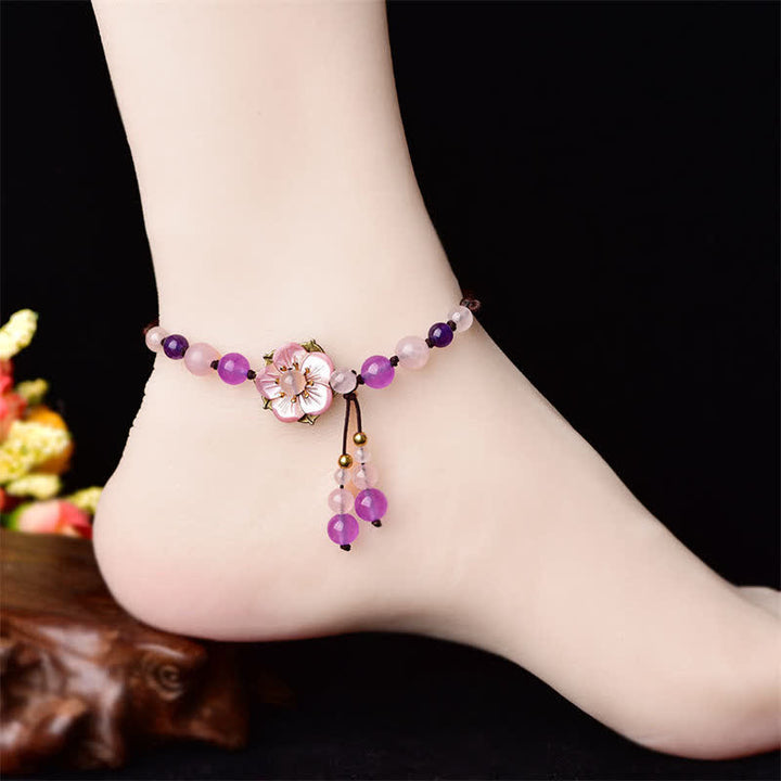 Buddha Stones Naturalny Ametyst Różowy Kryształ Kwarcowy Charm Lucky Healing Anklet