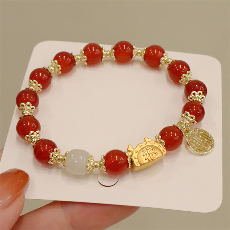 Buddha Stones Rok Smoka Czerwony Agat Kwarc Truskawkowy Czarny Obsydian Jadeit Granat Perła Cynober Pierożek Smok Szczęście Fu Bransoletka - Agat czerwony (obwód nadgarstka 14-19 cm) - image 0
