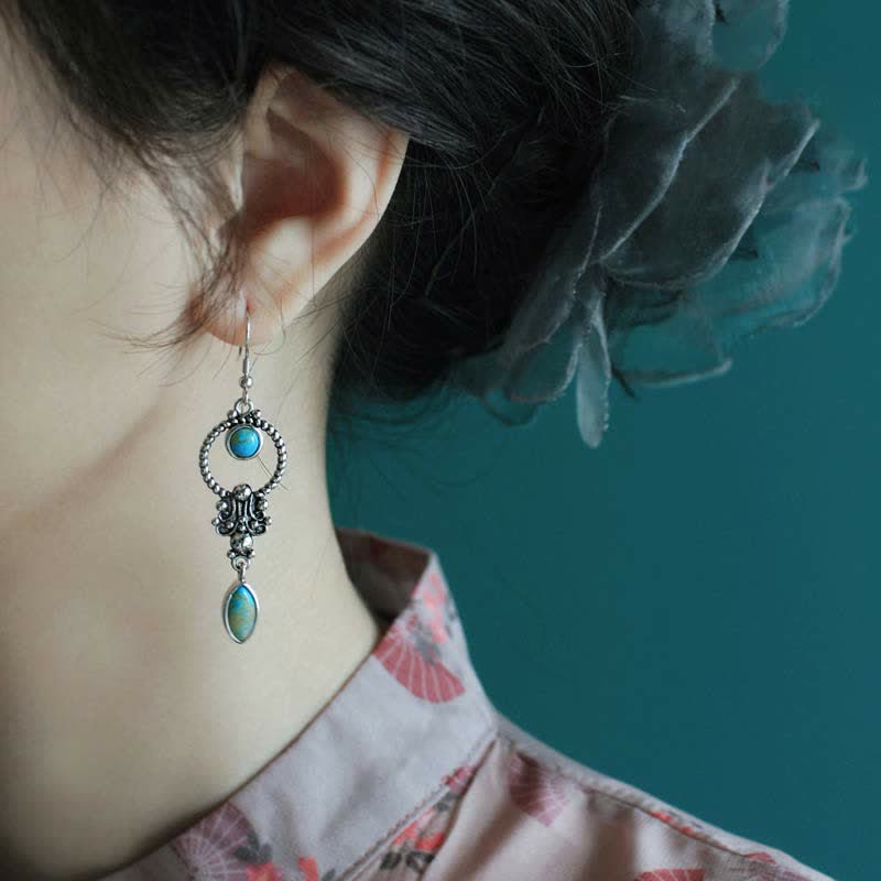 Kolczyki wiszące Buddha Stones 925 Sterling Silver Vintage Turquoise Waterdrop Pattern Balance Drop