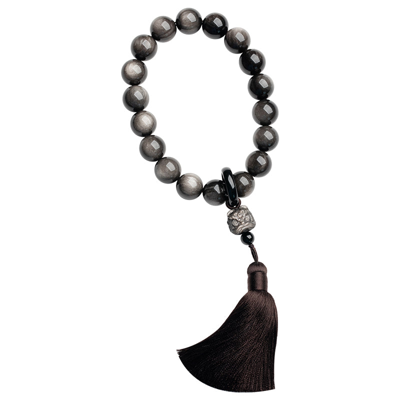 Buddha Stones Naturalny Srebrny Połysk Obsydian Czarny Obsydian Lew Mala Ochrona Nadgarstka Frędzle Kieszonkowa Mala Dekoracja Samochodu