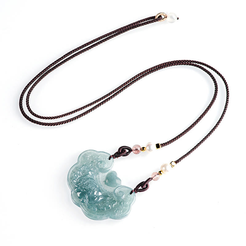 Buddha Stones Naturalny Jadeit Peonia Kwiat Kłódka Dobrych Życzeń Naszyjnik Wisiorek Dobrobytu